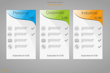 Three banner for the tariffs and price lists. Web elements. Plan hosting. Vector design for web app. Plan for website in flat design.