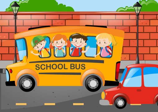 Many children riding on school bus