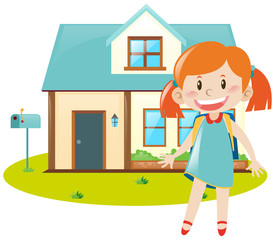 Girl and blue house