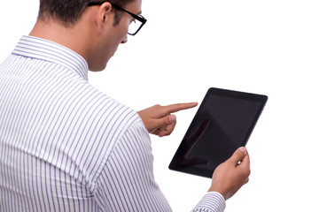 Handsome businessman working with tablet computer isolated on wh