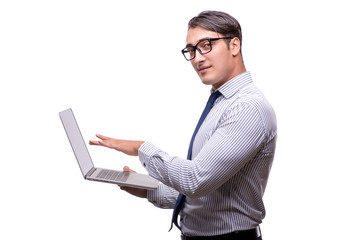 Handsome businessman working with laptop computer isolated on wh