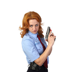 Woman police officer with handgun on white background in square