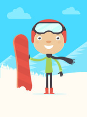 Smiling Boy with Snowboard. Flat Design Style. 