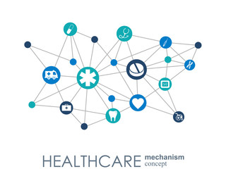 Healthcare mechanism concept. Abstract background with connected gears and icons for medical, health, strategy, care, medicine, network, social media and global concepts. Vector infographic.