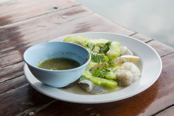 raw shrimp and spicy sauce, seafood thailand (spicy salad shrimp in fish sauce).