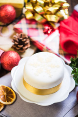Traditional Christmas cake with festive decorations