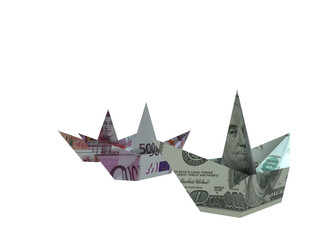 Dollar and euro boats isolated on white