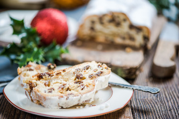 Traditional Christmas stollen cake sliced