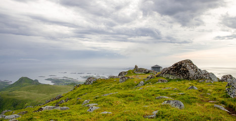 Hiking on Mount Vetten in the Lofoten Islands. Landscape of Norway.