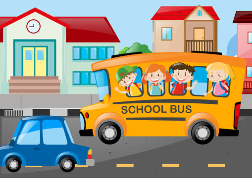 Children riding school bus on the road