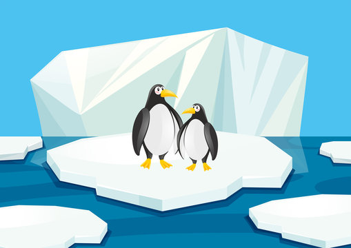 Two penguins standing on ice