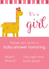 Pink and white invitaion for girl baby shower honoring with template text - to be replaced with your info, with cute yellow female dinosaur and text It's a girl