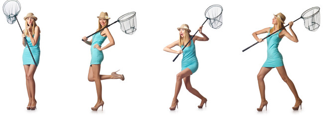 Woman with catching net isolated on white