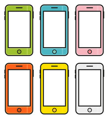 Set of 6 colorful cartoon smart phones, mobile phones isolated on white background