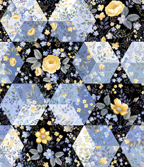 seamless floral patchwork pattern with yellow roses - 122441505