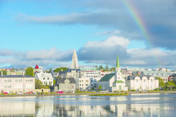 View of Reykjavik's downtown at sunset