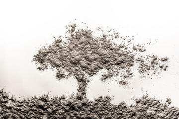 Illustration of tree in wind made of ash, dust