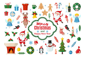 Fototapeta na wymiar Big set of Christmas icons in flat style.