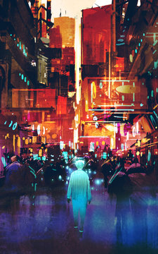 glowing blue man walking in futuristic city with colorful light,illustration painting