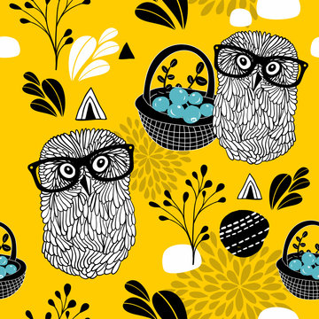 Autumn time seamless pattern with forest owls in glasses.