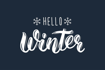 Hello Winter. Trendy hand lettering quote, fashion graphics, art print for posters and greeting cards design. Calligraphic isolated quote in white ink. Vector