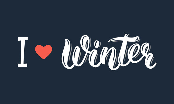 I love Winter. Trendy hand lettering quote, fashion graphics, art print for posters and greeting cards design. Calligraphic isolated quote in white ink. Vector