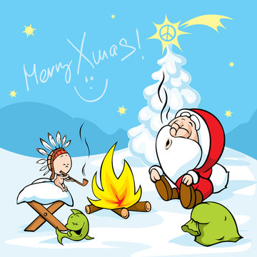 Merry Xmas - Santa with baby Jesus sitting by the fire and smokes Indian peace pipe, vector illustration cartoon