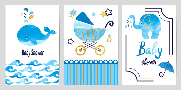 Baby Shower Boy Set. Vector Invitation Card Design.