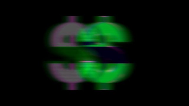 A 10 second loop of a green 3D dollar sign with scanlines and glitches over black background. Matte Included. HD 1080.