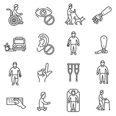 disability icons set, line style. assistance to disabled people isolated symbols collection. people with disabilities vector linear illustration