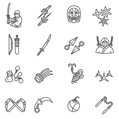 Ninja icons set, line style. ninja weapons collection. warrior attributes, isolated vector linear symbols © Matsabe