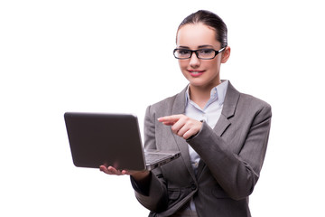 Businesswoman with laptop isolated on white