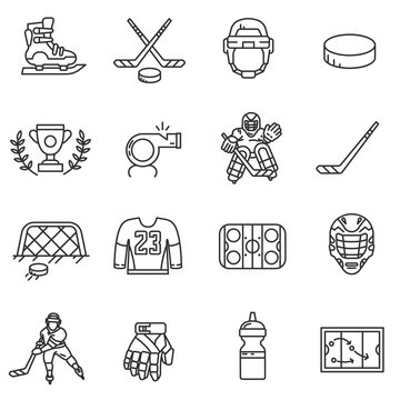 hockey icons set, line style. hockey attributes isolated symbols collection. vector linear illustration
