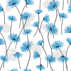 Seamless pattern with blue flowers. Vector floral background.