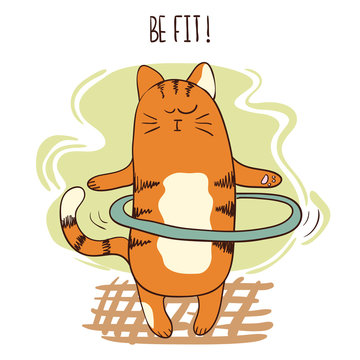 Cute cartoon cat exercising with hula hoop. Vector fitness illustration. 