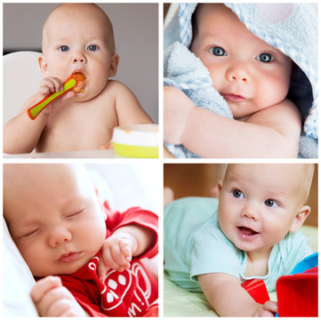 Collage of photos baby child daily routine, development, employm