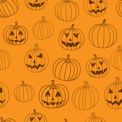 Halloween vector print seamless pattern with jack-o-lantern pumpkin.
