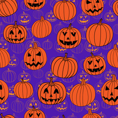 Purple and orange halloween vector seamless pattern with jack-o-lantern.