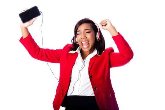 Business Woman Jamming Listening To Music