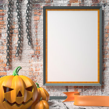Jack O Lantern pumpkin, chains and mock up blank poster on white