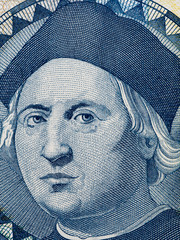 Christopher Columbus portrait on Bahamas one dollar banknote macro, money closeup