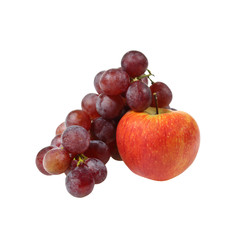Fruits composition - Pink grape cluster and bright red apple isolated on white background