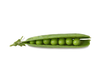 Pod of green peas close up isolated on white background with shadow