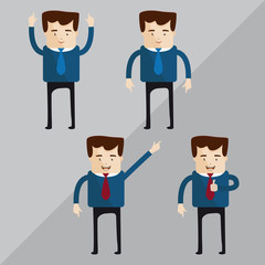 Quatro personagens com diferentes expressões e gestos do mundo administrativo.