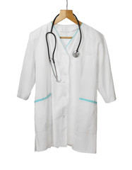 Medical gown and stethoscope on hanger isolated on white background