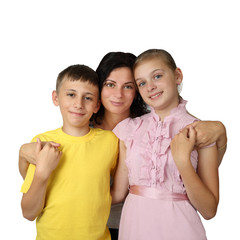 Family relations - Mother,daughter and son group portrait on white background