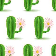 Vector cute cactus with flower. Seamless floral pattern with blossom desert plant. summer background with green succulent. Botanical illustration