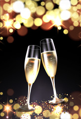 Two glasses of champagne against bokeh lights background. Christmas and New Year celebation card. Vector Illustration