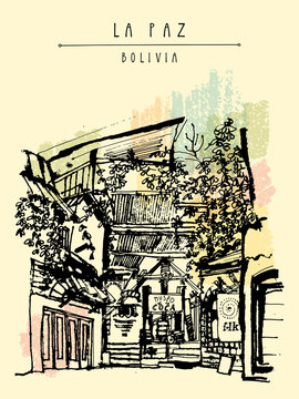 Coca museum in La Paz, Bolivia, South America. Beautiful building and garden. Hand-drawn vintage postcard or poster template,book illustration