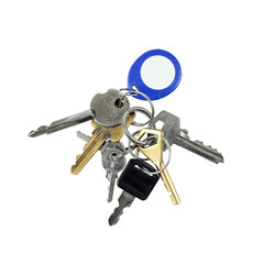 Bunch of different keys with electronic chip token on key ring isolated on white background in...